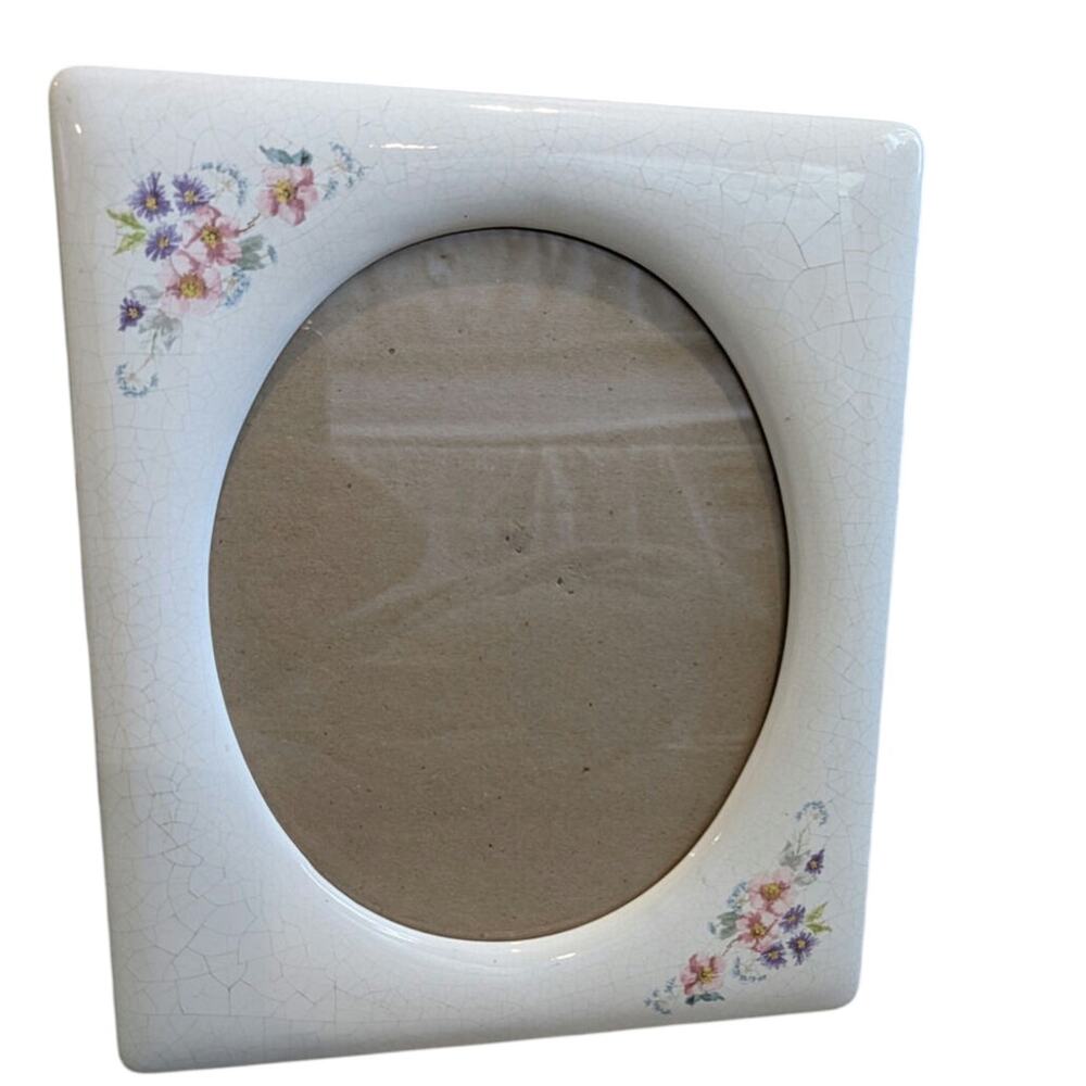 Vintage Ceramic Picture Frame 8x10 Oval Floral Cream Crackle Glaze